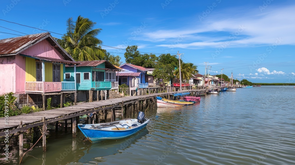 Charming Fishing Village with Colorful Waterfront Houses and Docked Boats in Idyllic Setting Charming Fishing Village with Colorful Waterfront Houses and Docked Boats in Idyllic Setting