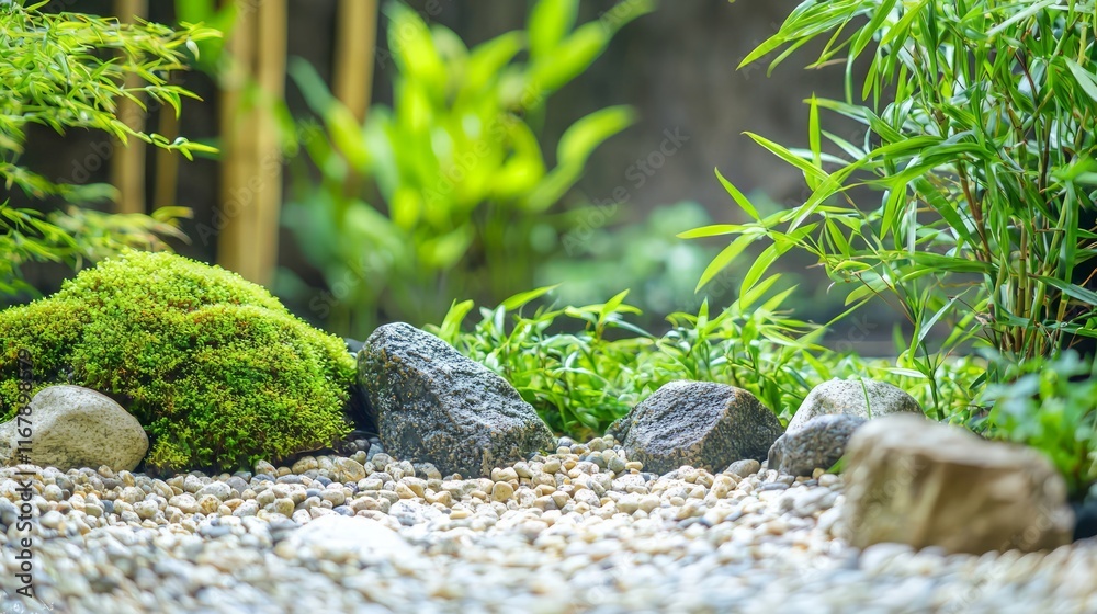 Obraz premium Tranquil Zen Garden Harmony - Peaceful Asian Landscape with Raked Gravel, Mossy Rocks, and Bamboo Plants for Meditation and Relaxation