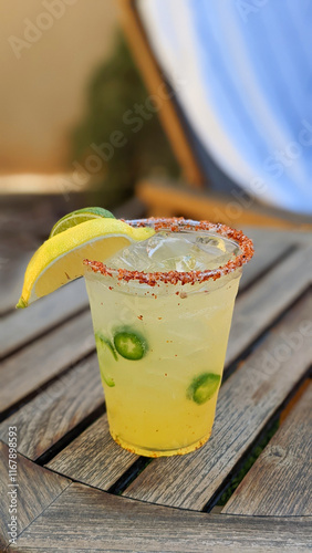 Mango Jalapeno margarita with lemon lime wedges on outdoor table