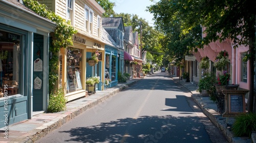 Tranquil Coastal Charm: Artisan Shops and Cafes Adorning a Quaint Seaside Street