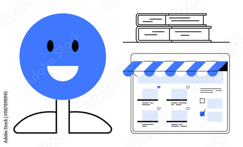Smiling blue figure beside an online shopping window and stack of books. Ideal for e-commerce, online learning, digital libraries, customer satisfaction, digital transactions, education, market