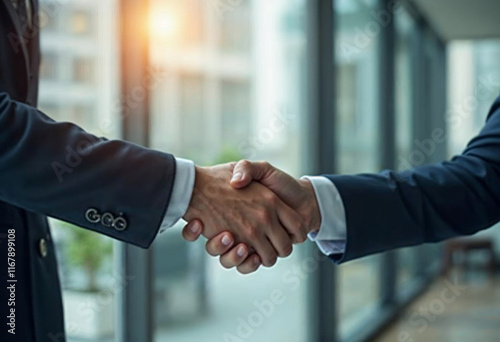 photo of two business man hand shaking office background realistic image photo