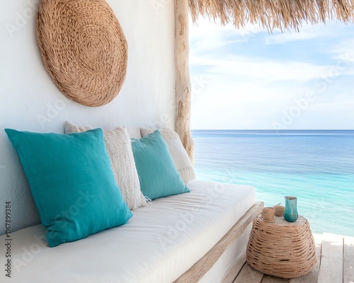 A serene beachfront lounge area with cozy cushions and a basket, perfect for relaxation and ocean views. photo