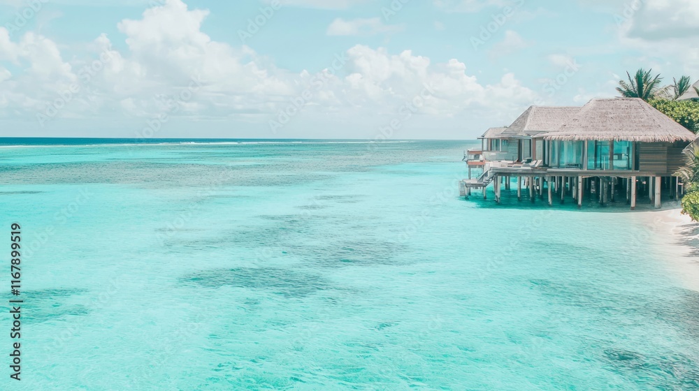Serene Paradise: Luxury Overwater Bungalow on Tropical Island with Turquoise Waters Serene Paradise: Luxury Overwater Bungalow on Tropical Island with Turquoise Waters