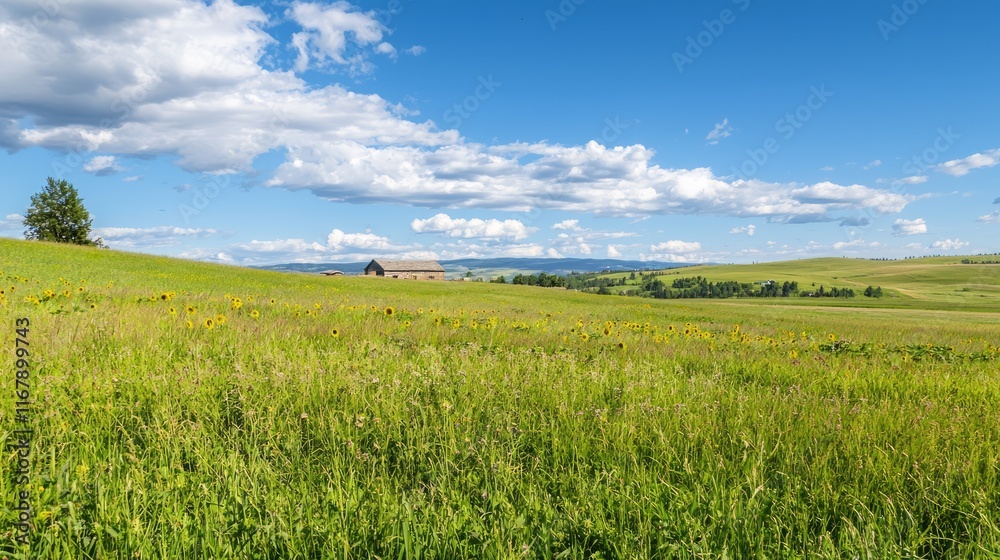 Golden Glow: Sunflower Field in Summer Splendor with Distant Farmhouse View Golden Glow: Sunflower Field in Summer Splendor with Distant Farmhouse View
