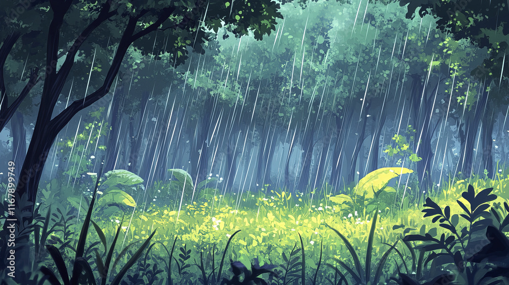 Obraz premium calming forest view with gentle rain cascading through lush greenery