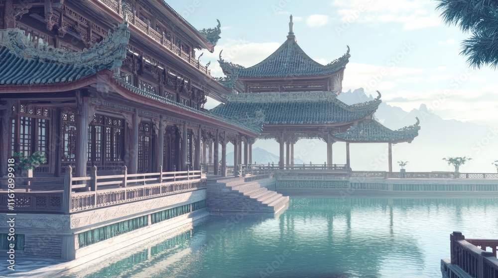 Serene Zen Temple Oasis with Ornate Architecture and Reflective Pool Serene Zen Temple Oasis with Ornate Architecture and Reflective Pool