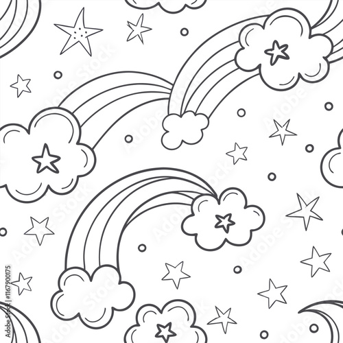 Whimsical clouds and stars scattered in a seamless, dreamy pattern