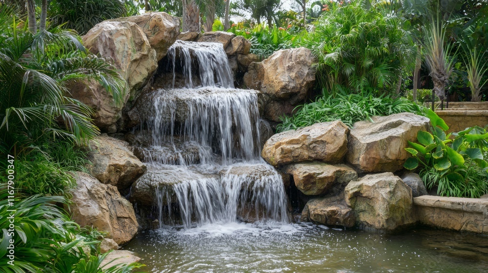 Naklejka premium Serene Waterfall Oasis: Lush Tropical Plants and Moss-Covered Rocks in a Tranquil Setting