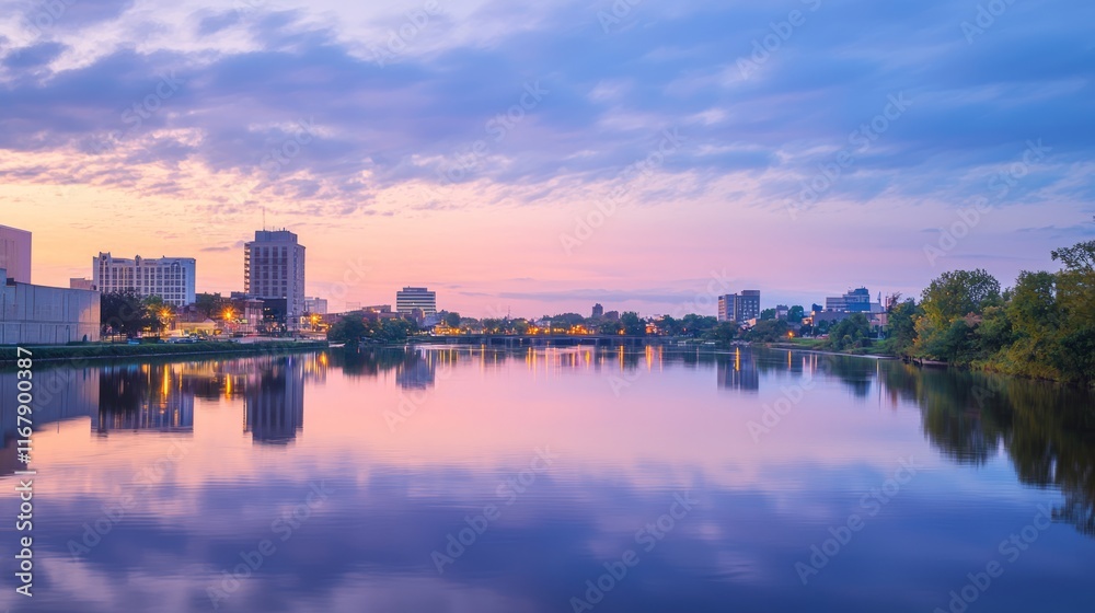 Fototapeta premium Tranquil Twilight: Vibrant Cityscape Mirrored in Serene River at Dusk