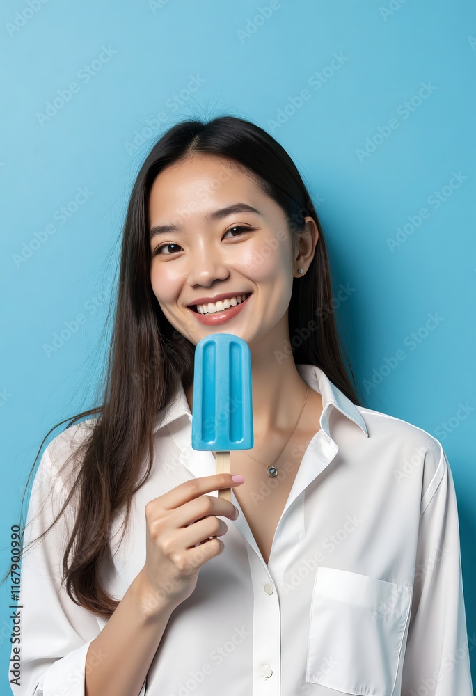 Person holding a blue popsicle against a blue background Person holding a blue popsicle against a blue background