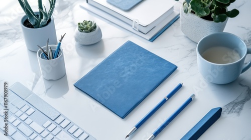 A neat workspace featuring blue stationery and plants on a marble desk.
