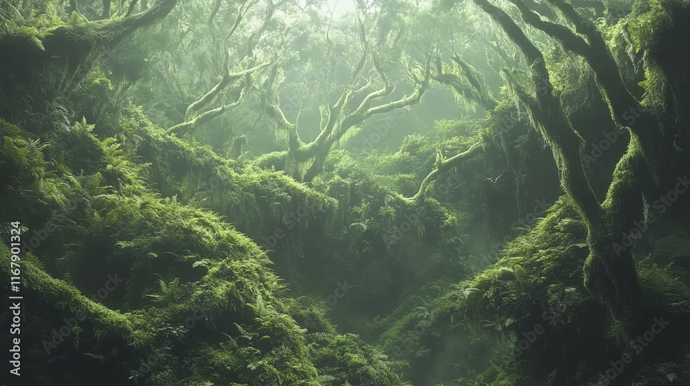 lush rainforest scene with dense greenery and misty atmosphere lush rainforest scene with dense greenery and misty atmosphere