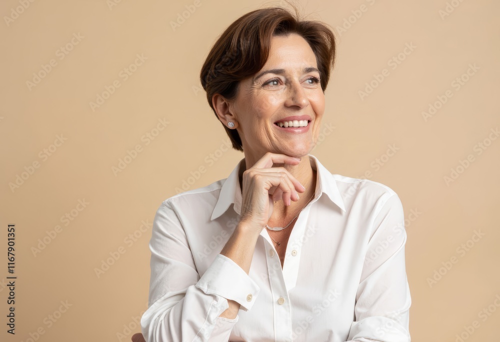 Person in white shirt with hand on chin looking away Person in white shirt with hand on chin looking away