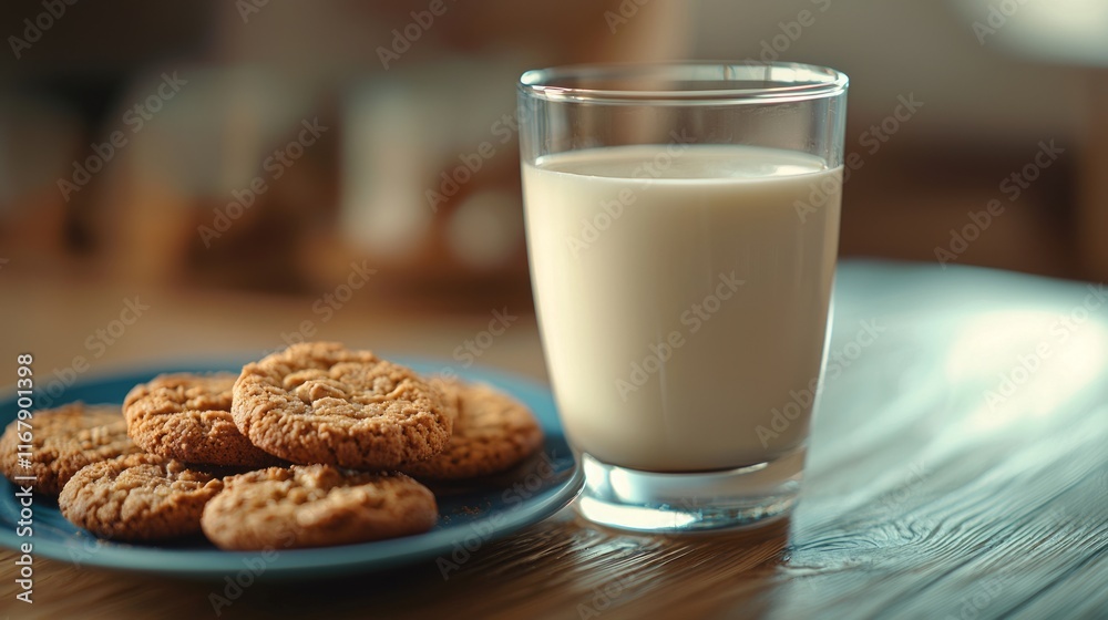 Glass of Milk with Cookies on a Wooden Table Glass of Milk with Cookies on a Wooden Table
