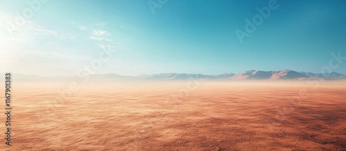 Vast arid desert landscape with a serene boundless horizon and a clear expansive sky  This minimalist atmospheric scene captures the tranquility and isolation of a remote weathered desert environment