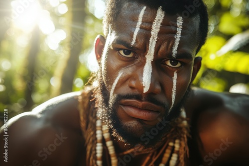 Captivating expression of a warrior adorned in tribal paint amidst a lush forest setting during golden hour photo