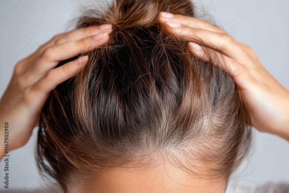 Naklejka premium Looking Skyward as Fingers Glide Through Soft Locks of Brown Hair in a Relaxed Moment of Self-Care