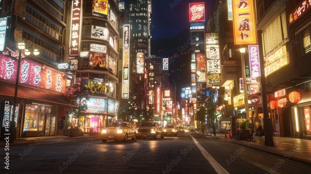 Fototapeta premium Vibrant Urban Night Scene with Glowing Signs and Busy Traffic in City Center