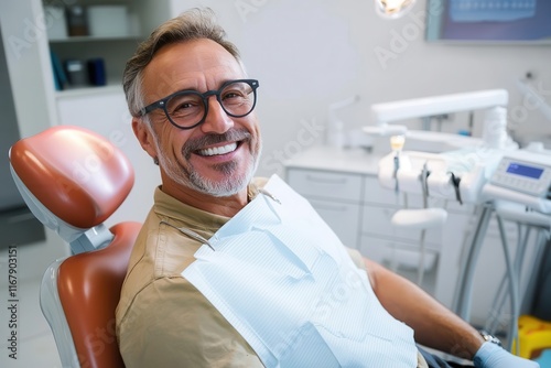 Smiling middle-aged man enjoys his dental checkup in a modern clinic during the daytime