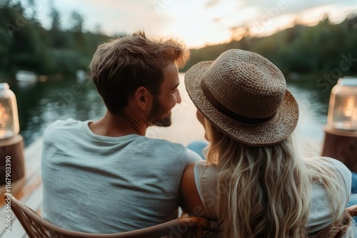 Couple enjoying a serene sunset by the tranquil lake, creating memories filled with love and warmth photo