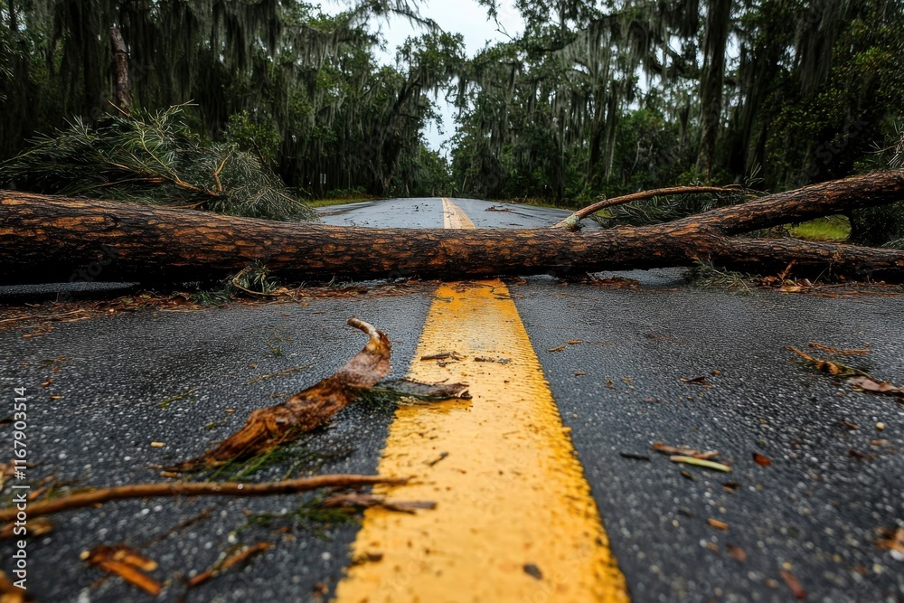 Fallen trees block rural road after storm leaves destruction in quiet neighborhood Fallen trees block rural road after storm leaves destruction in quiet neighborhood