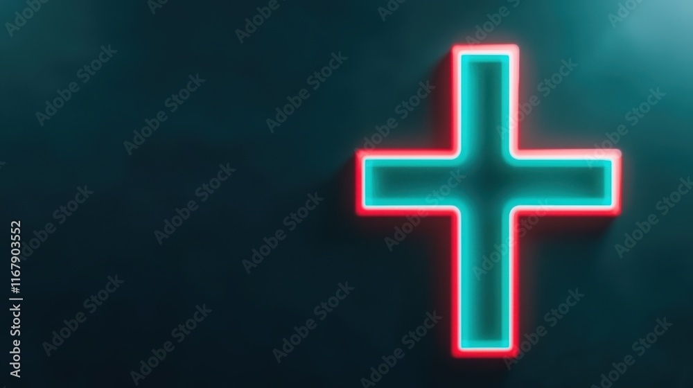 Fototapeta premium Neon Cross Symbol on Dark Background with Glowing Effect