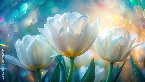 Abstract art photography: ethereal white tulips, 3D texture, double exposure.