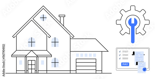 House illustration, gear with wrench symbolizing repair, payment screen with receipt. Ideal for homeownership, maintenance, real estate, online payments, property management, renovation service