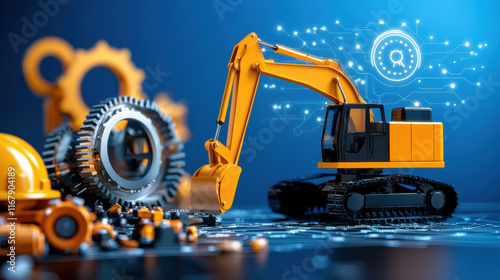 Innovative construction machinery with gears and digital elements, showcasing engineering and technology integration. scene highlights yellow excavator, gears, and tech inspired background photo