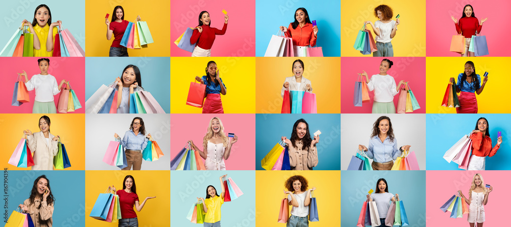 A lively collection of people shows excitement while holding colorful shopping bags during a black Friday sale. A lively collection of people shows excitement while holding colorful shopping bags during a black Friday sale.