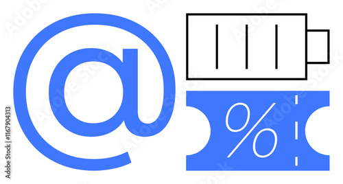 Email symbol, battery icon with three bars, and discount coupon with percent sign illustrate communication, energy levels, and savings. Ideal for marketing, tech, energy, finance customer