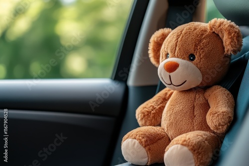 Soft teddy bear resting in a car seat, capturing a moment of childhood nostalgia and comfort during a sunny day photo