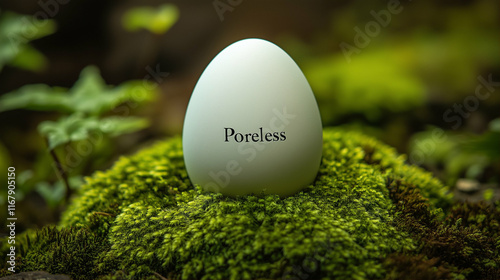 Egg on moss in nature with text Poreless showcasing natural beauty and simplicity photo