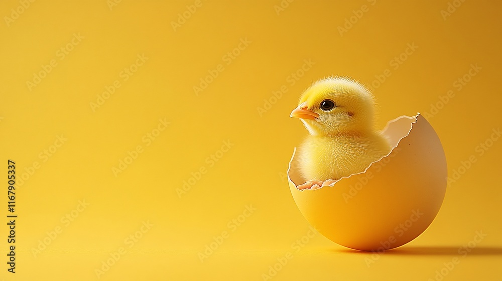 Cute fluffy yellow chick inside broken eggshell on yellow background. Cute fluffy yellow chick inside broken eggshell on yellow background.