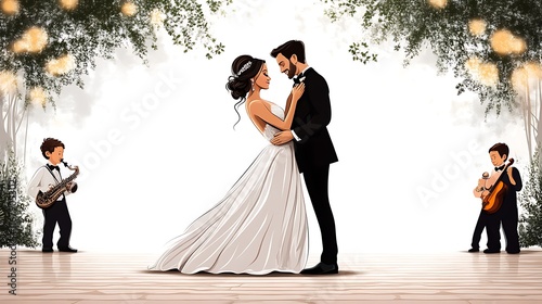 Romantic wedding couple embracing, musicians playing.