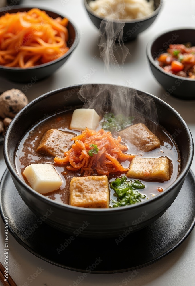 Steaming bowl of stew with tofu and carrot noodles, with side dishes Steaming bowl of stew with tofu and carrot noodles, with side dishes
