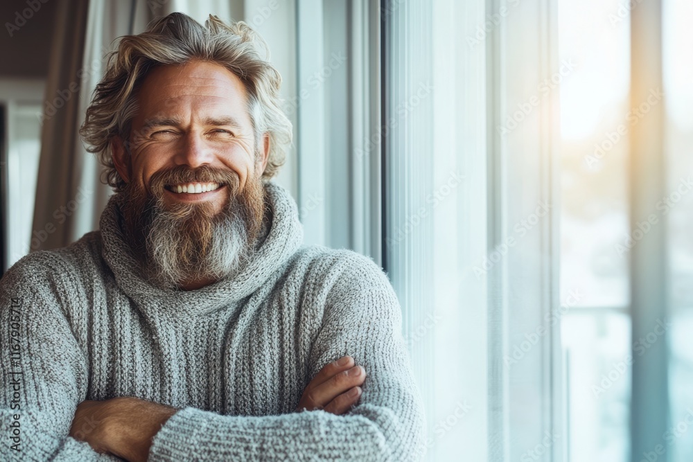 Joyful man in cozy sweater enjoying sunlight by the window during morning hours Joyful man in cozy sweater enjoying sunlight by the window during morning hours