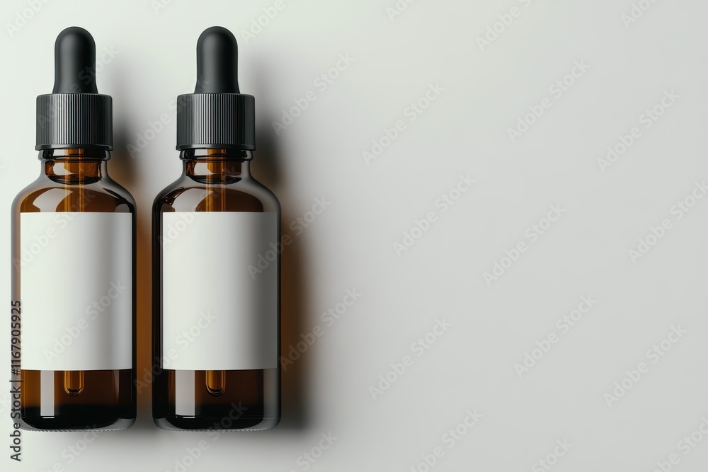 Stylish amber dropper bottles ready for essential oils or herbal tinctures on a minimalist backdrop Stylish amber dropper bottles ready for essential oils or herbal tinctures on a minimalist backdrop