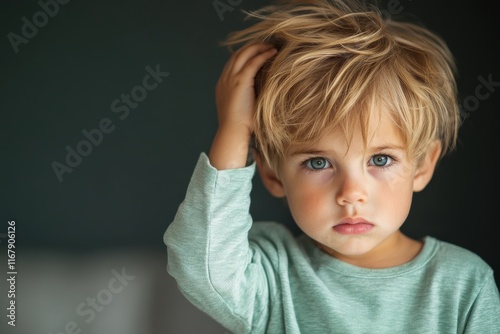 Curiosity captured in a moment of thought with a young child lost in wonder photo