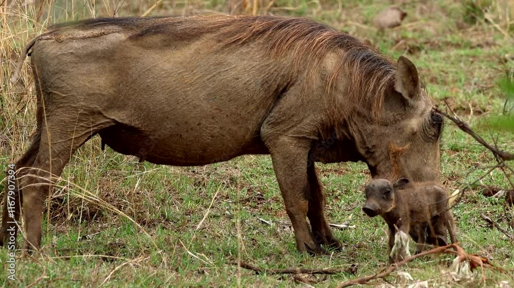 Adorable warthog baby stays close to grazing mom, telephoto shot Adorable warthog baby stays close to grazing mom, telephoto shot