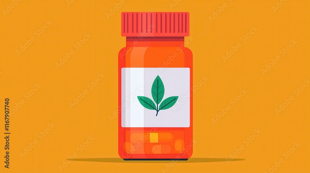 Obraz premium Herbal Medicine Bottle with Green Leaf Design on Vibrant Background
