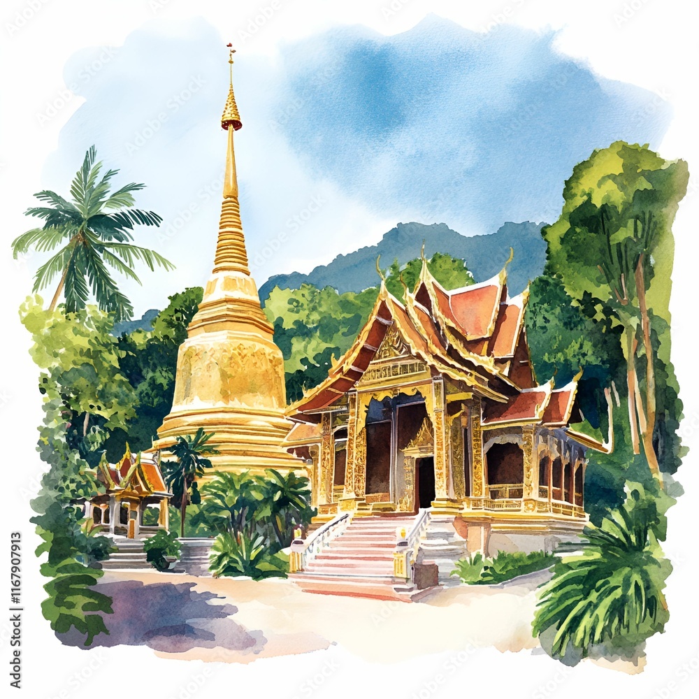 Fototapeta premium Traditional temple watercolor concept. 