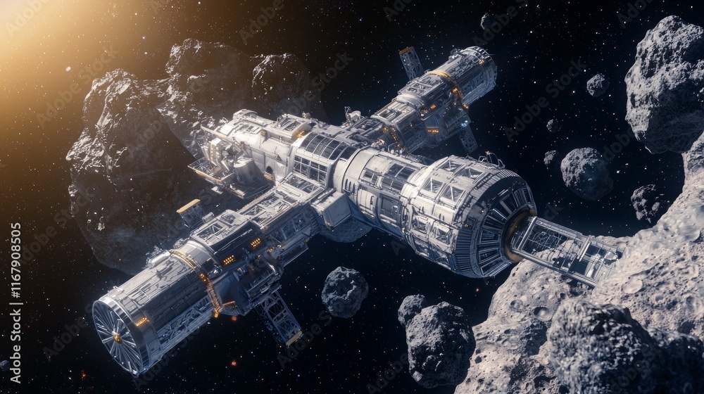 Eco-Friendly Space Mining: Advanced Machinery Extracting Resources from Asteroids in Futuristic 3D Render Artwork Eco-Friendly Space Mining: Advanced Machinery Extracting Resources from Asteroids in Futuristic 3D Render Artwork