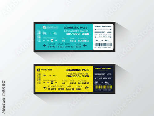 Creative and colorful editable flight ticket design template with yellow, dark blue, sky blue, and white colors.