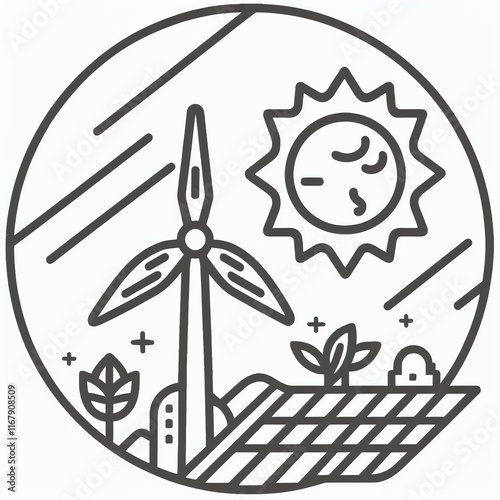 Wind Turbine, Sun, and Solar Panels: A Clean Energy Line Art Design photo