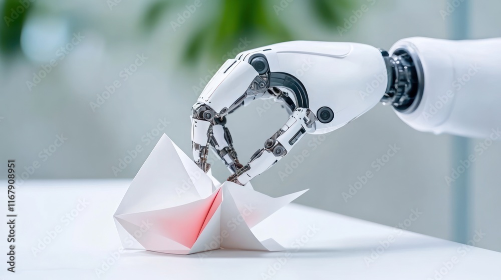 A robotic hand delicately handling a folded paper object. A robotic hand delicately handling a folded paper object.