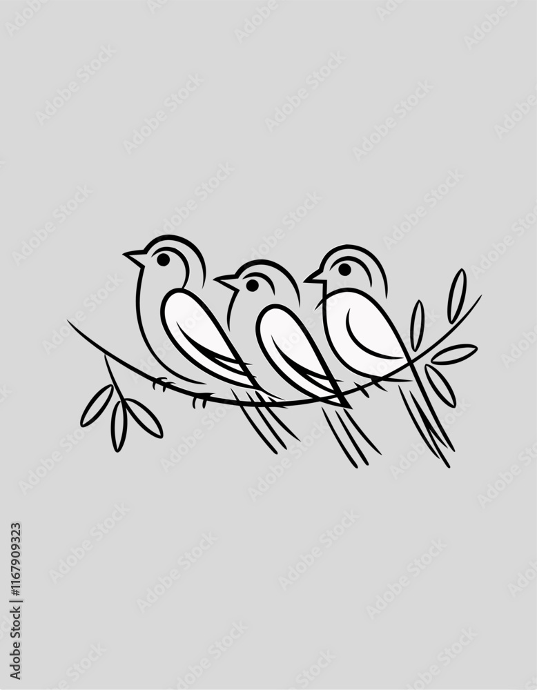 Minimalist Birds on Branch Line Art - Elegant Black & White Nature Illustration. Minimalist Birds on Branch Line Art - Elegant Black & White Nature Illustration.