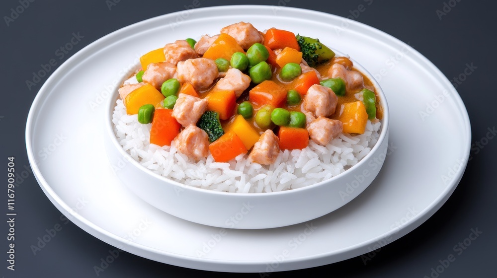 A bowl of rice topped with chicken and colorful vegetables. A bowl of rice topped with chicken and colorful vegetables.