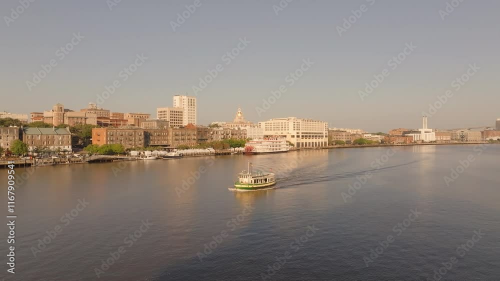 Historic Charm: Aerial of Downtown Savannah, Georgia and River Street Along the Waterfront Historic Charm: Aerial of Downtown Savannah, Georgia and River Street Along the Waterfront